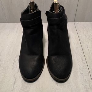 Cityclassified Black Faux Leather Buckle Strap Details Block Heel Ankle Boots